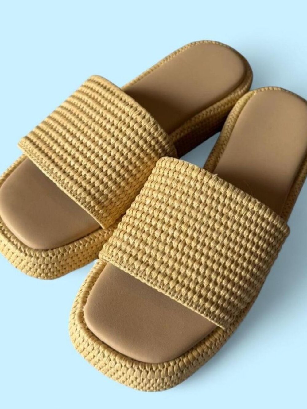 Tan woven platform slide sandals